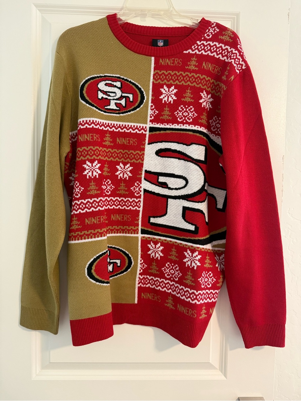 NFL San Francisco 49ers Red and Gold Patchwork Crewneck Sweater
